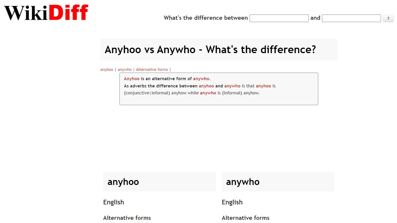 Anyhoo vs Anywho - What's the difference? | WikiDiff